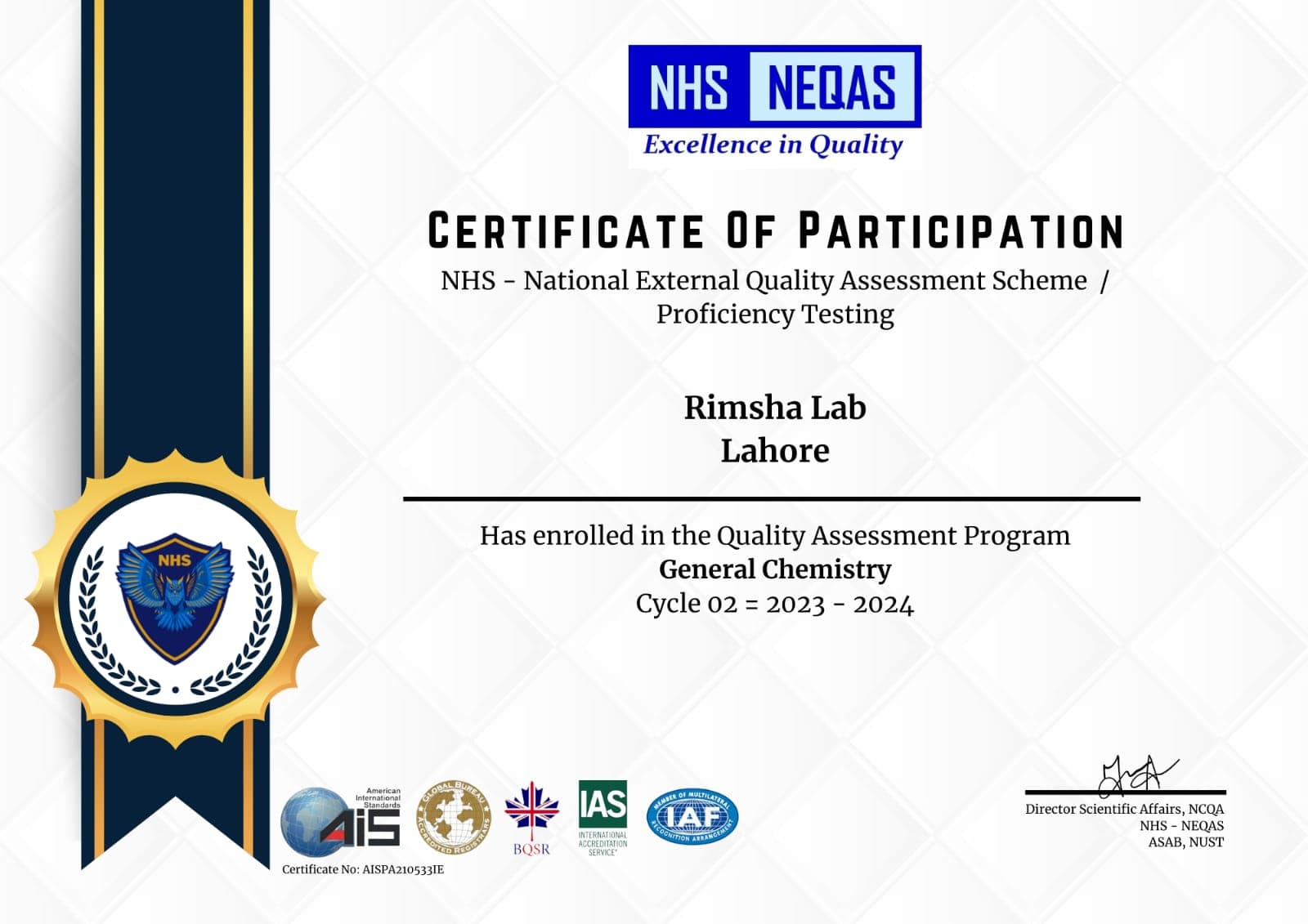 NEQAS Membership Certificate